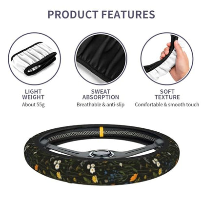 Floral Steering Wheel Cover Elastic Non-Slip Car Steering Wheel Covers with Seat Belt Shoulder Pad for Women Men - color: Floral