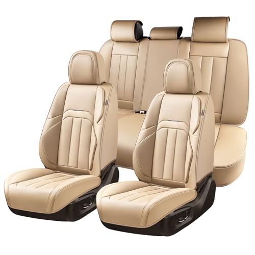 Coverado Nappa Leather Car Seat Covers Full Set, Luxury Waterproof Seat Protectors, Airbag Compatible Anti‑Slip Auto Seat Covers, Universal Fit for Most Cars SUVs Trucks Pickup Vehicles - color: Beige, size: FullSet