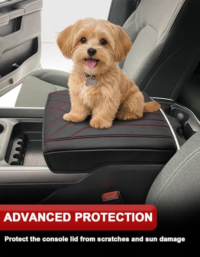 KBH Center Console Armrest Cover for 2019-2026 Dodge Ram 1500 2500 3500 5th Gen, Floor Console Bucket Seat, Arm Rest Cushion Pad Protector, Vinyl Leather, Black-Red Stitches - color: Black-Red Stitch
