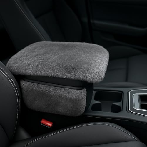 Fluffy Car Armrest Cover with Side Pockets – Plush Fuzzy Fur Center Console Armrest Cushion Pad, Universal Winter Car Interior Protector, Soft Arm Rest Cover with Storage for Women & Men (GRAY) - color: GRAY