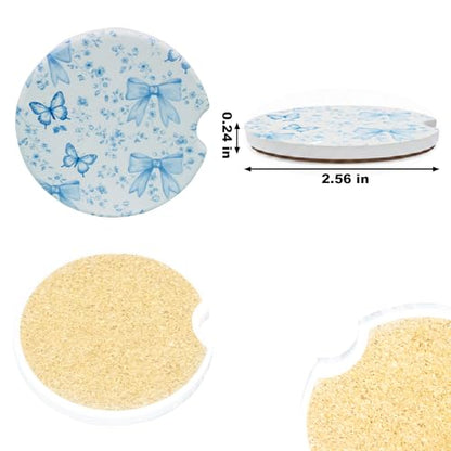 Ceramic Car Coasters, 2 Pack, 2.64" Absorbent Car Cup Holder Coasters, Cute Ceramic Car Coasters for Women, Blue Butterfly & Bow Pattern - color: Blue Butterfly Bow