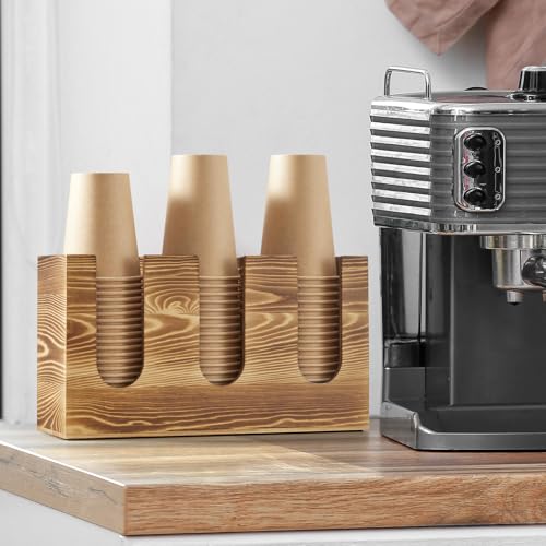 Wooden Coffee Cup and Lid Organizer for Countertop, 3 Compartments Cup Holder Dispenser, Fits 16–24 oz Disposable Cups, Coffee Bar Cup Organizer, Breakroom Kitchen Counter Cup Holder