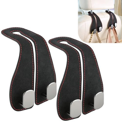 2PCS Car Purse Holder Hook, Seat Back Storage Hook, Leather-Wrapped Alloy Double Headrest Hook for Purses & Bags, Cute Car Interior Accessories for Women and Men, Black
