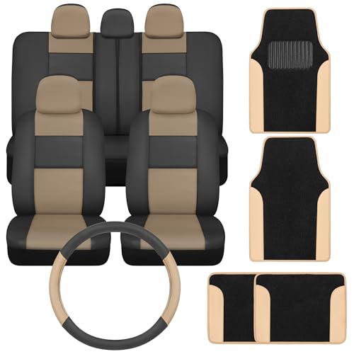 PU Leather Car Seat Covers w/Two-Tone Carpet/Vinyl Trim Car Floor Mats – Front and Back Split Bench Seat Covers, Steering Wheel Cover, Floor Mats(Black/Beige) - color: Beige