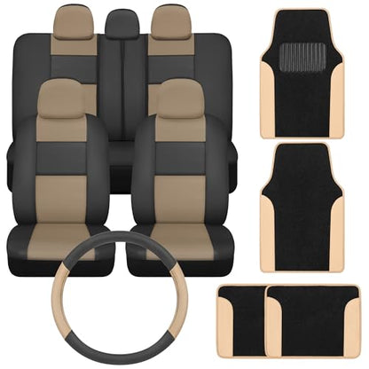 PU Leather Car Seat Covers w/Two-Tone Carpet/Vinyl Trim Car Floor Mats – Front and Back Split Bench Seat Covers, Steering Wheel Cover, Floor Mats(Black/Beige) - color: Beige