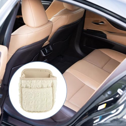 Car Trash Can Portable and Hanging 6.3" Length 3.9" Width 7.1" Height Trash Bin Fabric Beige White 1 Pcs - color: Beige White