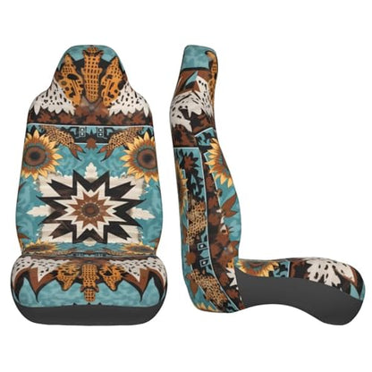 Car Seat Covers for SUV Truck Van Sedans Boho Sunflower Aztec Polyester Fabric Front Bucket Seat Cover Southwest Western Cow Teal Blue Car Accessories, Set of 2pcs - color: BOHO Sunflower