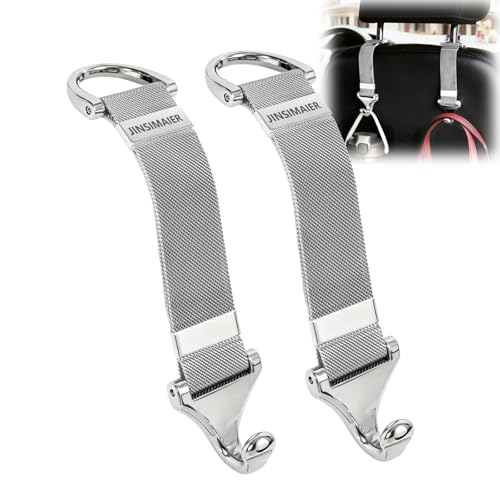 Car Seat Headrest Hooks and Purse Hook for Car 2 Pack Silver – Alloy Braided Chain Storage Hook for Purse, Handbag, Grocery Bags – Interior Organizing Car Accessories