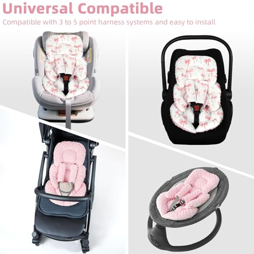Infant Car Seat Insert Cushion, Baby Car Seat Head Body Support for Girls & Boys, Reversible Newborn Car Seat Insert with 2 Extra Strap Paddings, Premature Car Seat Cushion, Pink Bow