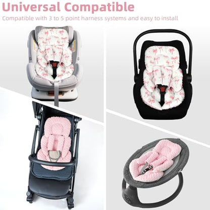 Infant Car Seat Insert Cushion, Baby Car Seat Head Body Support for Girls & Boys, Reversible Newborn Car Seat Insert with 2 Extra Strap Paddings, Premature Car Seat Cushion, Pink Bow