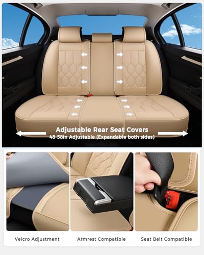 Huidasource Seat Covers Full Set, Universal Fit for Most Cars SUVs Trucks, Full Coverage Leather Automotive Seat Cover, Airbag, Cupholder Compatible, Seat Function Retain, Velcro Adjustable, Beige - color: FS: Beige, size: Full Set