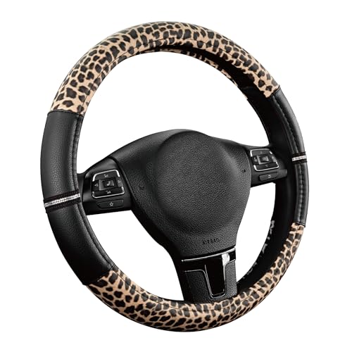 Road Comforts Leopard Steering Wheel Cover - Made with PVC Leather Cheetah Print - Anti-Slip, Universal Fit 14 1/2 inches to 15 inches - Black - color: Black