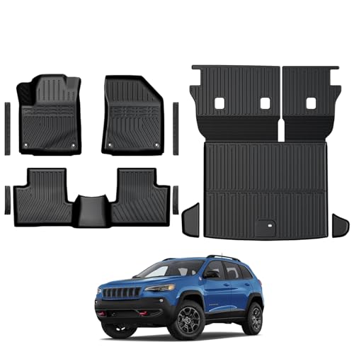 Floor Mats for Jeep Cherokee 2019-2023, All Weather Floor Mats Trunk Cargo Liner with Backrest Protectors and Door Sill Guards Accessories, Full Coverage Set