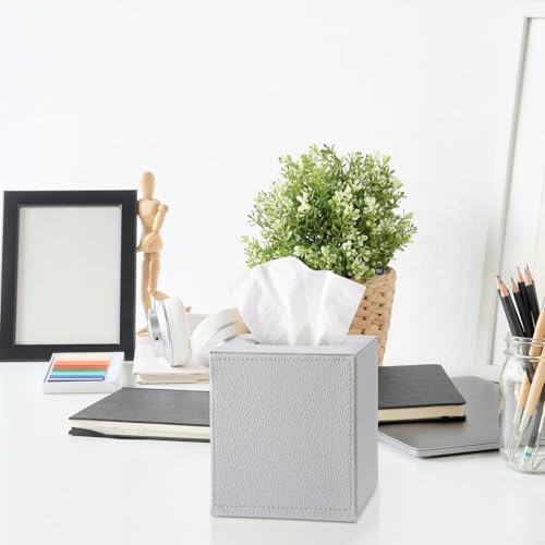 Sumnacon Tissue Box Cover Square Tissue Box Stylish PU Tissue Box Holder with Magnetic Bottom, Leather Cube Tissue Cover for Living Room Bathroom Bedroom Table Desk Home Office Car, Light Grey - color: Light Grey
