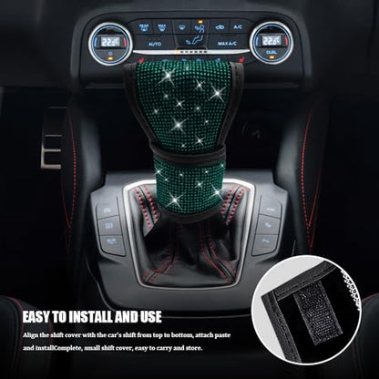 Bling Auto Gear Shift Knob Cover, Car Shifter Cover, Sparkly Crystal Rhinestones Gear Shift Knob Cover for Women Girls, PU Leather Shift Gear Cover with Bling Accessories Fit Cars (Green) - color: Green