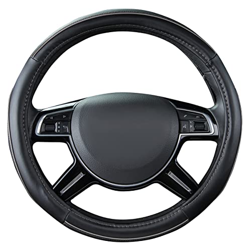 Car Pass Color Piping Microfiber Leather Universal Fit Steering Wheel Cover,Perfectly fit for 14.5-15 inches Suvs,Vans,Trucks,Sedans,Cars,Automotive(Black & Gray or Grey) - color: Grey