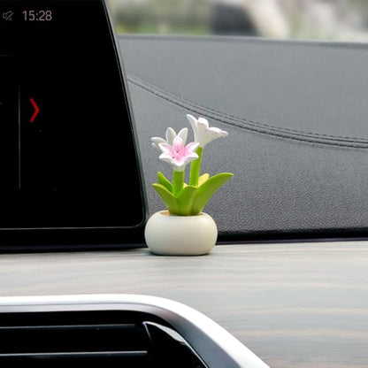 YGMONER Car Dashboard Plant Resin Flower Pot Knick Knacks Mini Plant Figurines Decorations Gifts for Women, Car Desk Bookshelf Decor (Lily Flower)