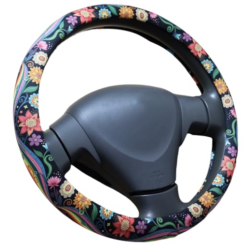 Rainbow Flowers Floral Steering Wheel Cover for 14.5-15 Inch Wheels, Premium Fabric with Non-Slip Rubber Inner Ring (Rainbow)
