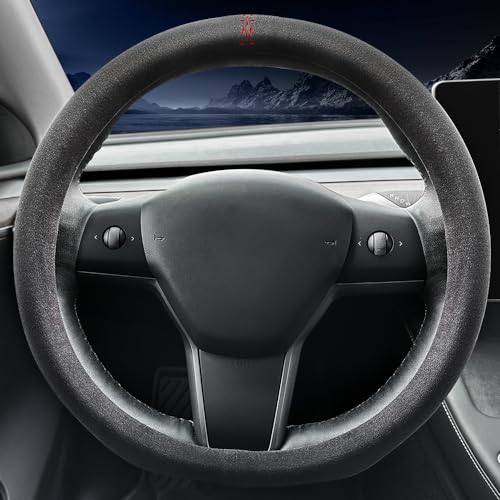 Suede car Steering Wheel Cover, Suitable for Tesla Model 3 /Model Y Steering Wheel Cover - color: Black-A