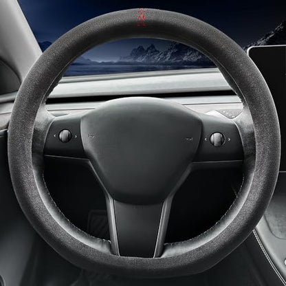Suede car Steering Wheel Cover, Suitable for Tesla Model 3 /Model Y Steering Wheel Cover - color: Black-A