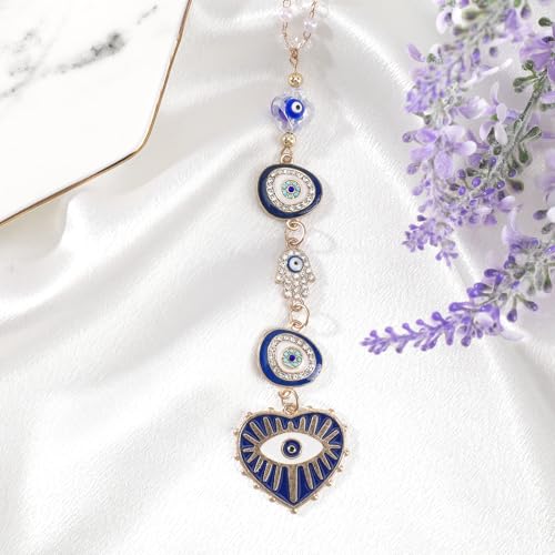 Blue Evil Eye Car Charm - Heart Evileye Rear View Mirror Hanging Ornament for Women, Suncatcher Car Accessory, Aesthetic Beaded Lanyards for Cars Window Balcony Decor - style: Blue Evil Eye