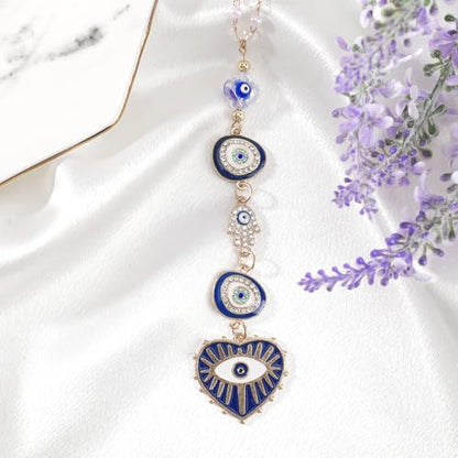 Blue Evil Eye Car Charm - Heart Evileye Rear View Mirror Hanging Ornament for Women, Suncatcher Car Accessory, Aesthetic Beaded Lanyards for Cars Window Balcony Decor - style: Blue Evil Eye