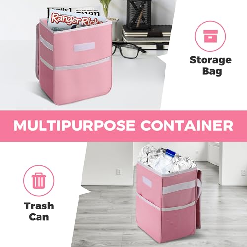 Healsmart 2 Gallon Car Trash Can Lid and Storage Pockets, Leak-Proof Collapsible and Portable Organizer, Multipurpose Garbage Bin with Adjustable Straps, Pink