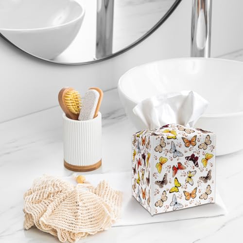 Tissue Box Cover Holder, Colorful Butterfly PU Leather Tissue Box Cover with Bottom Belt, Square Facial Paper Organizer for Tabletop, Bathroom, Kitchen, Car & Office -045 - color: Butterfly