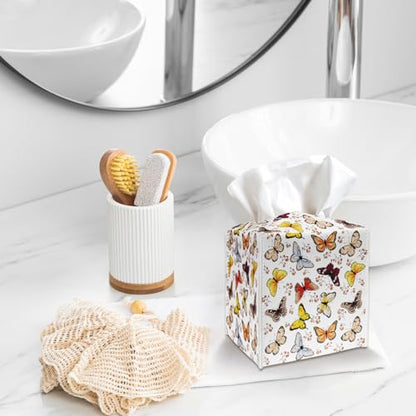 Tissue Box Cover Holder, Colorful Butterfly PU Leather Tissue Box Cover with Bottom Belt, Square Facial Paper Organizer for Tabletop, Bathroom, Kitchen, Car & Office -045 - color: Butterfly