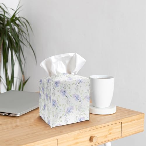 Purple Lavender Tissue Box Cover Holder, PU Leather Tissue Box Cover with Bottom Belt, Square Facial Paper Organizer for Tabletop, Bathroom, Kitchen, Car & Office -043 - color: Purple Lavender