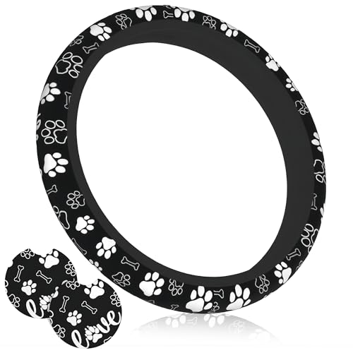 Paw Print Steering Wheel Cover - Dog Paw Print Steering Wheel Cover Dogs Prints Anti-Slip Breathable Universal for 15 Inch Car with 2 Pieces Car Coasters for Men/Women - color: Paw Print Black