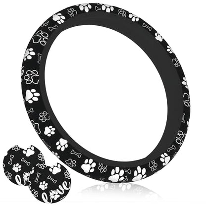 Paw Print Steering Wheel Cover - Dog Paw Print Steering Wheel Cover Dogs Prints Anti-Slip Breathable Universal for 15 Inch Car with 2 Pieces Car Coasters for Men/Women - color: Paw Print Black