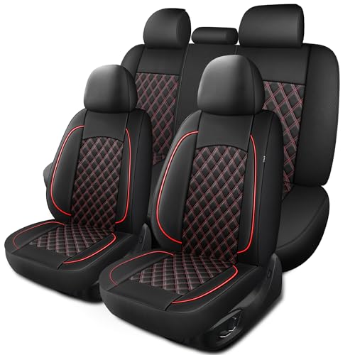 HChengkikz Car Seat Covers Full Set, Breathable and Waterproof Napa Leather Car Seat Cover, Interior Universal Fit for Cars, Sedans, SUVs, Vans, Trucks (Full Seat, Black + Red) - color: N3 Black Red, size: Full Set