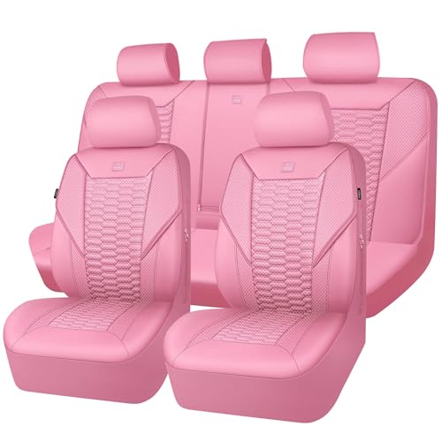 CAR PASS 3D Foam Mesh Leather Car Seat Covers Full Set, Pink Breathable Mesh Faux Leather Seat Covers for Women, Universal Fit for Car SUV Truck Sedan Automotive, Armrest Airbag Compatible, All Pink - color: All Pink Mesh Leather, size: Full Set