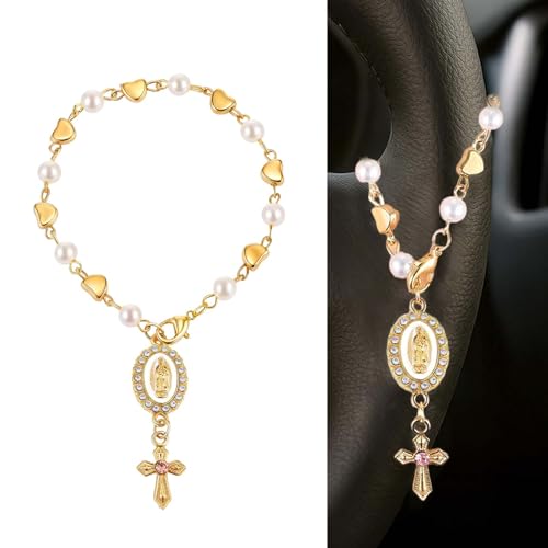 Steering Wheel Rosary Charm, Steering Wheel Accessory with Virgin Mary Charm & Cross, Pearl Heart Chain Catholic Car Interior Hanging Decor (Pink2) - color: Pink2