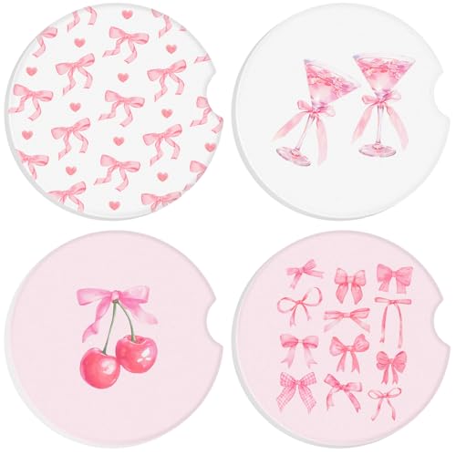 Boao 4 Pcs Car Cupholder Coasters for Valentine's Day, Ceramic Coasters 2.56'' Anti Slip Base with Finger Notch for Dry Clean, Car Interior Accessories, Birthday Gifts(Pink Bow) - style: Pink Bow