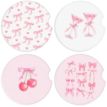 Boao 4 Pcs Car Cupholder Coasters for Valentine's Day, Ceramic Coasters 2.56'' Anti Slip Base with Finger Notch for Dry Clean, Car Interior Accessories, Birthday Gifts(Pink Bow) - style: Pink Bow