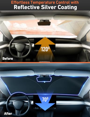 EcoNour Windshield Sun Shade Compatible for Tesla Model 3 & Model Y Juniper 2017-2024 2025 2026, Sun Visor for EV Front Window Sunshade, Foldable Heat & UV Protector, Car Accessories - size: for Tesla Model 3/Y 2017-2026
