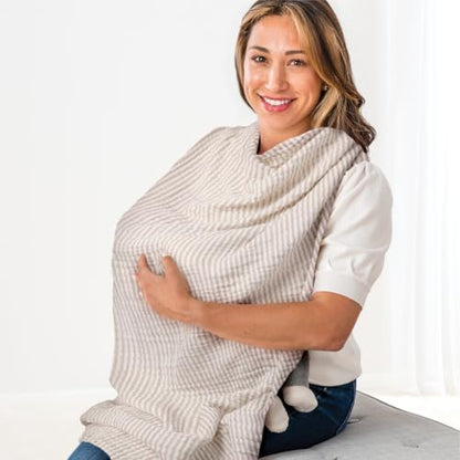 Itzy Ritzy Breastfeeding Boss Multi-Use Cover – A Nursing Cover, Swaddle, Car Seat Wrap, Tummy Time Mat & Burp Cloth All in One – Made of Soft Muslin Fabric & Measures 47” x 47” (Taupe Stripe) - color: Taupe Stripe