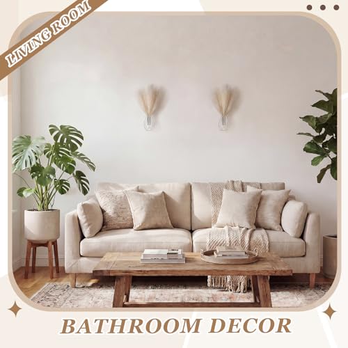 Otoolling 2 Pieces Hanging Plant Wall Decor with Artificial Pampas Grass Metal Hanging Vase Modern Geometric Farmhouse Bohemian Wall Art for Living Room Bedroom Kitchen Office (Silver, Beige)