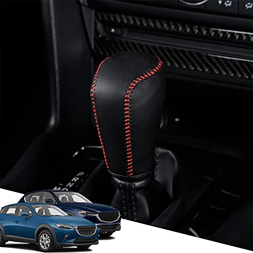 Great-luck Genuine Leather Automatic at Gear Shift Knob Cover Protector Trim,the car Interior Accessories(Red Stitches) for CX-9(2016-2021) Mazda 3(2014-2018) Mazda 6(2014-2020) CX-5(2017-2025) - color: Red Stitches, size: CX-5/CX-9/Mazda 6/Mazda 3