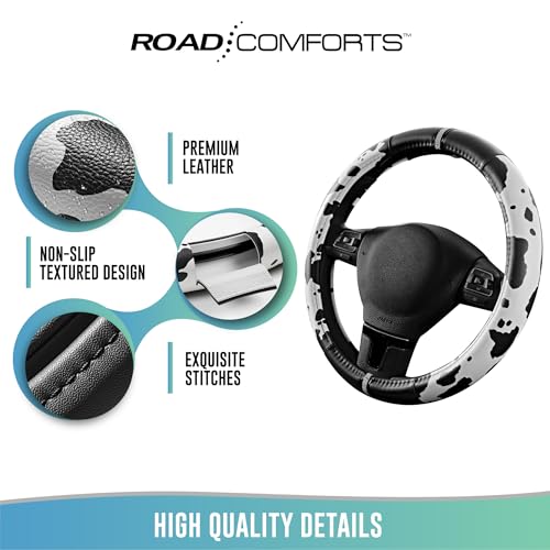 Road Comforts Cow Pattern Steering Wheel Cover - Made with PVC Leather - Anti-Slip, Universal Fit 14 1/2 inches to 15 inches
