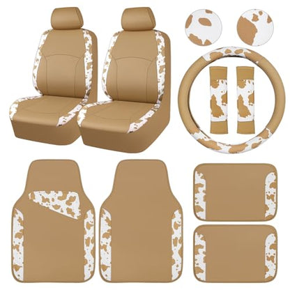 CAR PASS Cow Print Faux Leather Car Seat Covers & Cow Car Mats & Cow Steering Wheel Cover Seat Belt Pads Universal fit for SUV,Van,Saden,Truck Cute Car Accessories Automobile Interior Sets All Beige - color: Cow Print Beige
