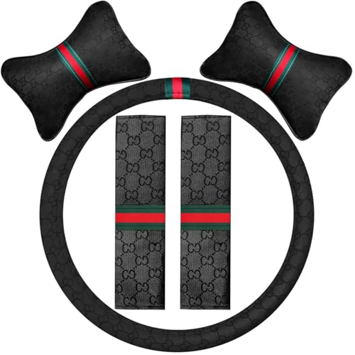 5PCS Steering Wheel Cover, with 2 Headrests, 2 Seat Belt Covers - Universal Fit for 14.5-15" Steering Wheel, Enhances Driving Experience - Perfect for Women (Black) - color: Black