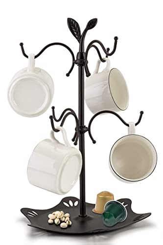 Coffee Mug Holder for Large Mugs, Mug Tree for Counter, Cup Holder for Countertop, Mug Rack with Tray, Metal Mug Tree with 6 Hooks, Coffee Counter Bar Accessory & Kitchen Home Organizer - color: Black
