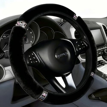 Fluffy Steering Wheel Cover, Universal 15 Inch Colorful Rhinestones Car Steering Wheel Cover, Sparkly Crystal Diamond Steering Wheel Protector for Women Girls,Black - color: Black