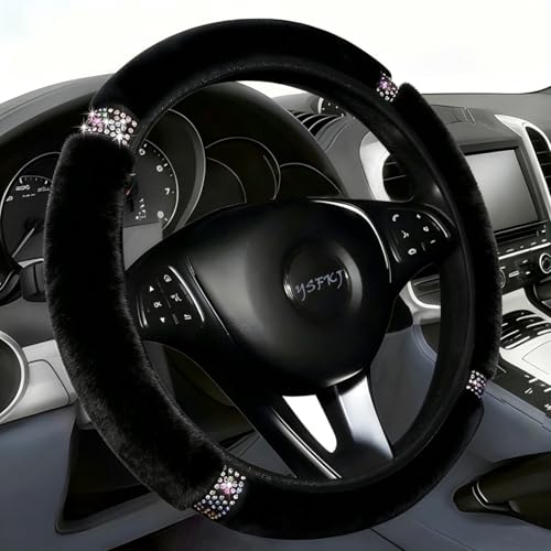 Fluffy Steering Wheel Cover, Universal 15 Inch Colorful Rhinestones Car Steering Wheel Cover, Sparkly Crystal Diamond Steering Wheel Protector for Women Girls,Black - color: Black