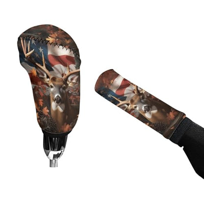Camo Hunting Deer Car Handbrake Covers with Gear Shift Knob Cover USA Flag Soft Anti-Slip Car Gear Shift Covers and Handbrake Cover Set, Easy to Install - color: Deer Camo Hunting USA Flag
