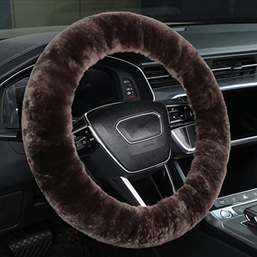 Soft Fluffy Sheepskin Car Steering Wheel Cover for Universal Auto Vehicle Women Man 14 1/2 inch-15 1/2inch Fuzzy Accessories (Teak) - color: Teak