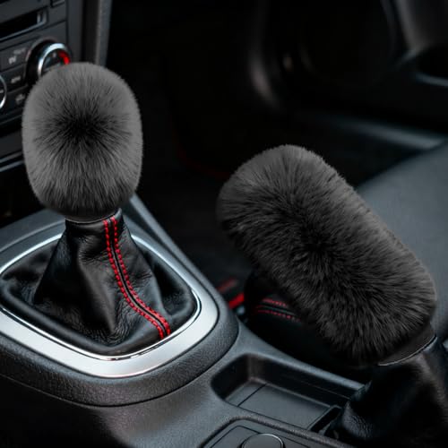 2PCS Plush Car Gear Shift Knob Cover & Handbrake Cover, Shift Knob Protector, Soft Fluffy Gear Handbrake Protective Sleeves, Shifter Lever Brake Handle Warm Plush Set for Cars (Black) - color: Black